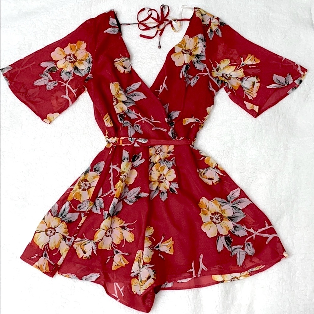 Red Floral Wrap Romper - Women